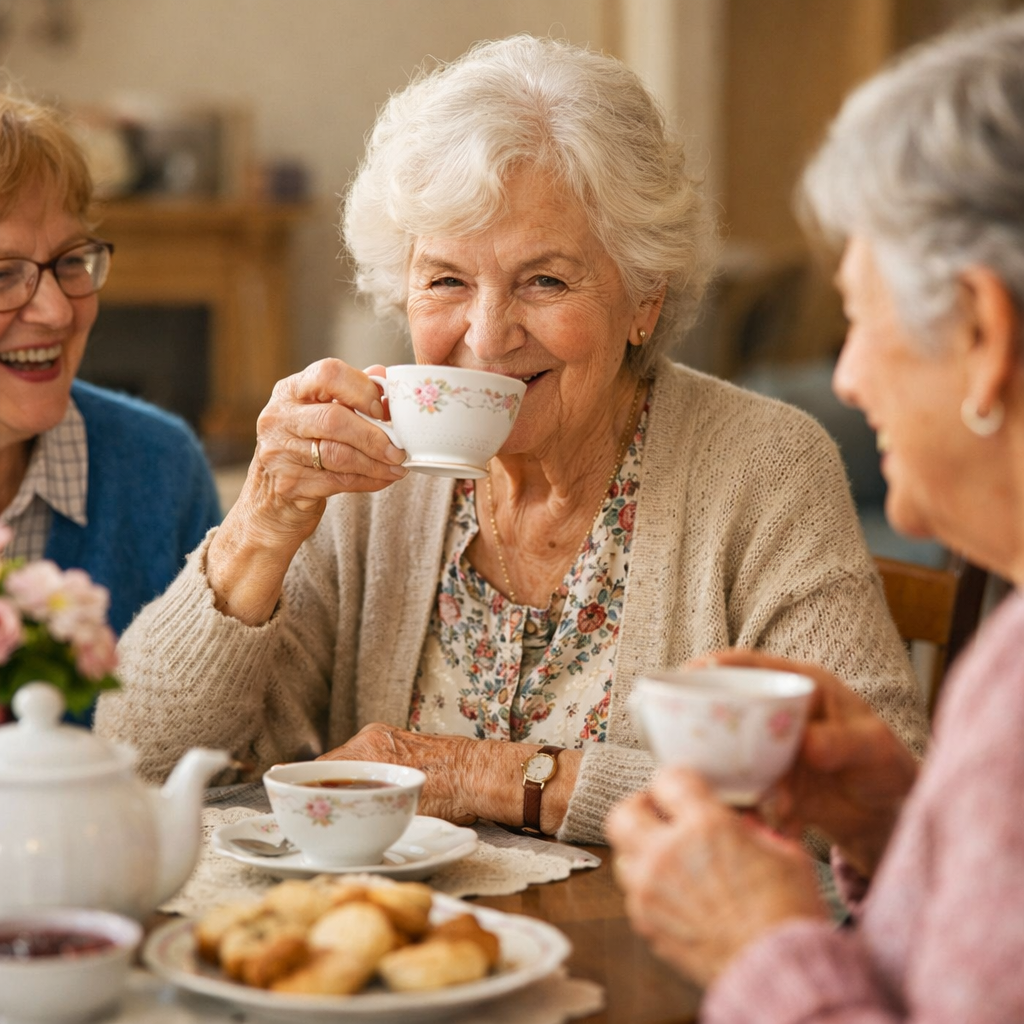 Three older friends laughing together over afternoon tea.